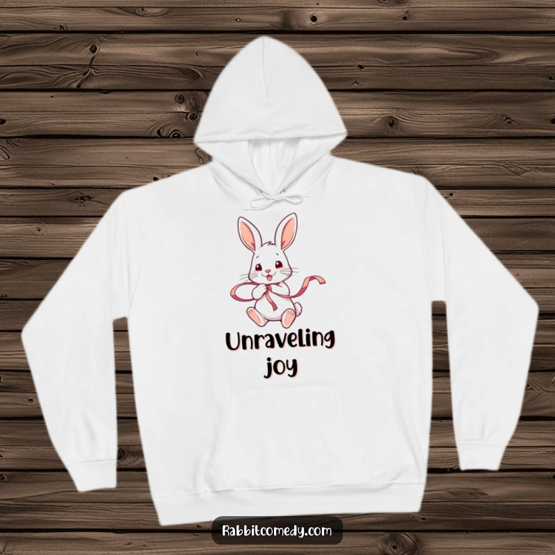 Funny rabbit character twirling a colorful ribbon with its paws, featured on a cozy hoodie for delightful comfort