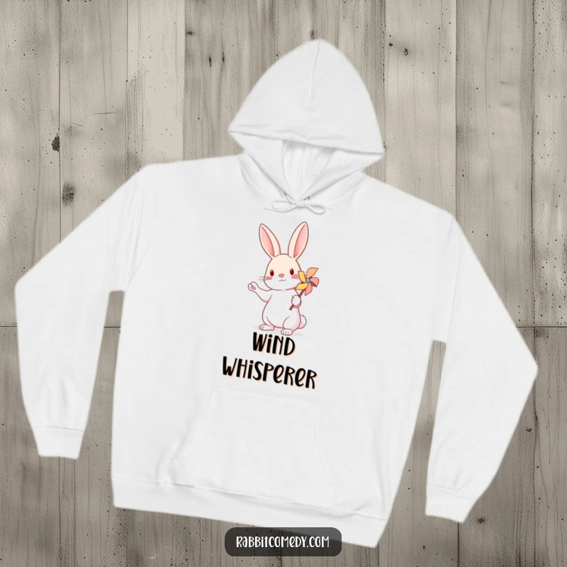 Funny Rabbit Pinwheel Hoodie: A soft hoodie with a rabbit balancing a small, colorful pinwheel on its raised paw.
