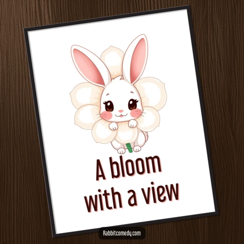 Funny Free Printable Wall Art: A shy rabbit cautiously peeks from the cover of a large flower, adding subtle humor.