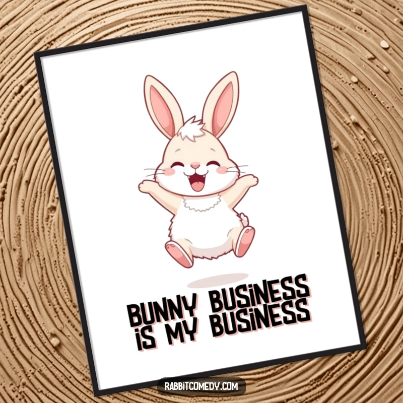 Funny free printable wall art showing a fluffy rabbit with long ears hopping with pure, unadulterated joy.