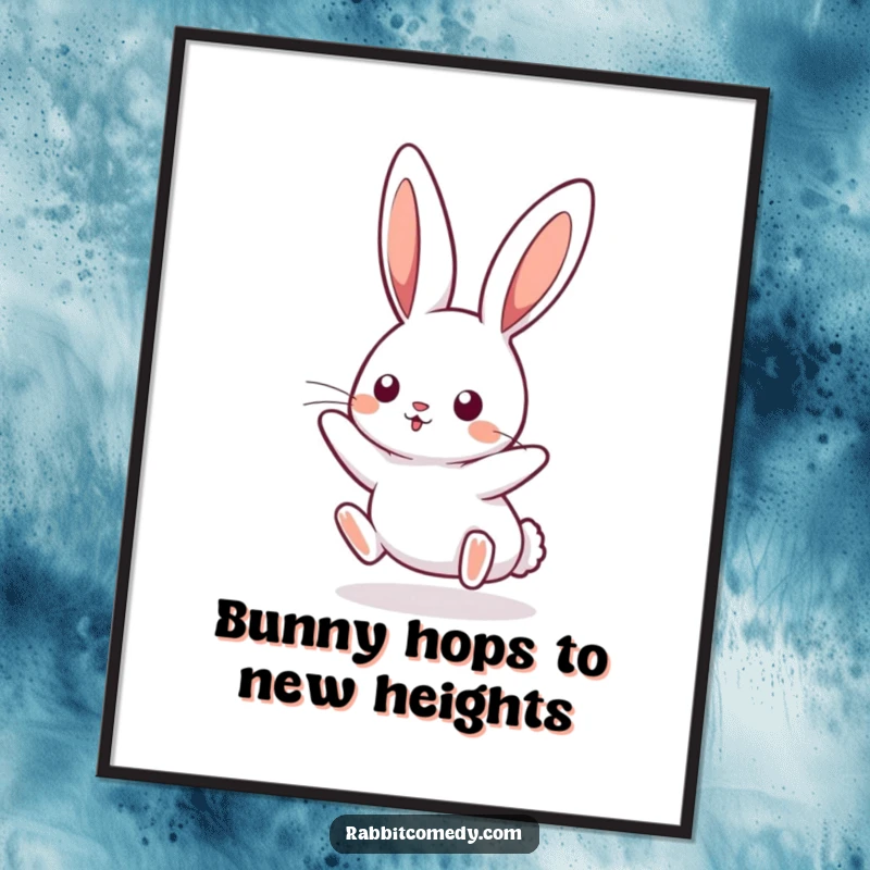 Funny Free Printable Wall Art: A kawaii rabbit suspended mid-air, ears perked, in a delightful, playful bounce.