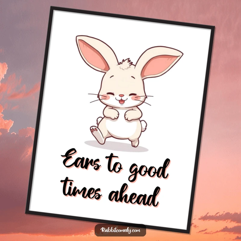 Funny free printable wall art: A playful rabbit stumbling adorably with enormous, floppy ears.