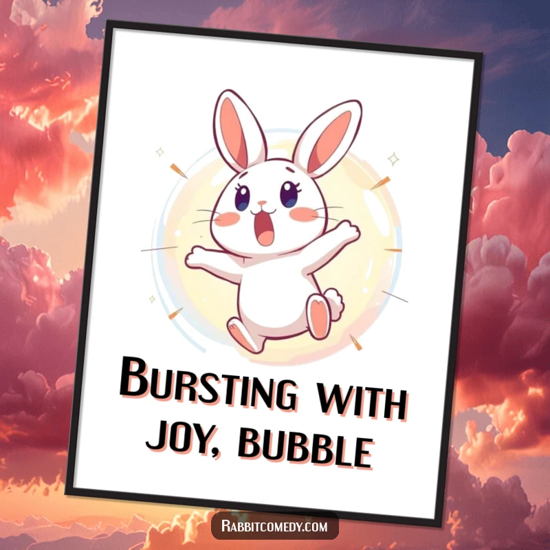 Funny Free Printable Wall Art: A surprised rabbit character leaping backward from a bursting, shimmering bubble, whimsical and funny art.