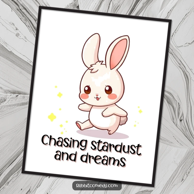 Funny Free Printable Wall Art: A whimsical rabbit playfully chasing a scattering of tiny, glowing dust motes, creating magic.