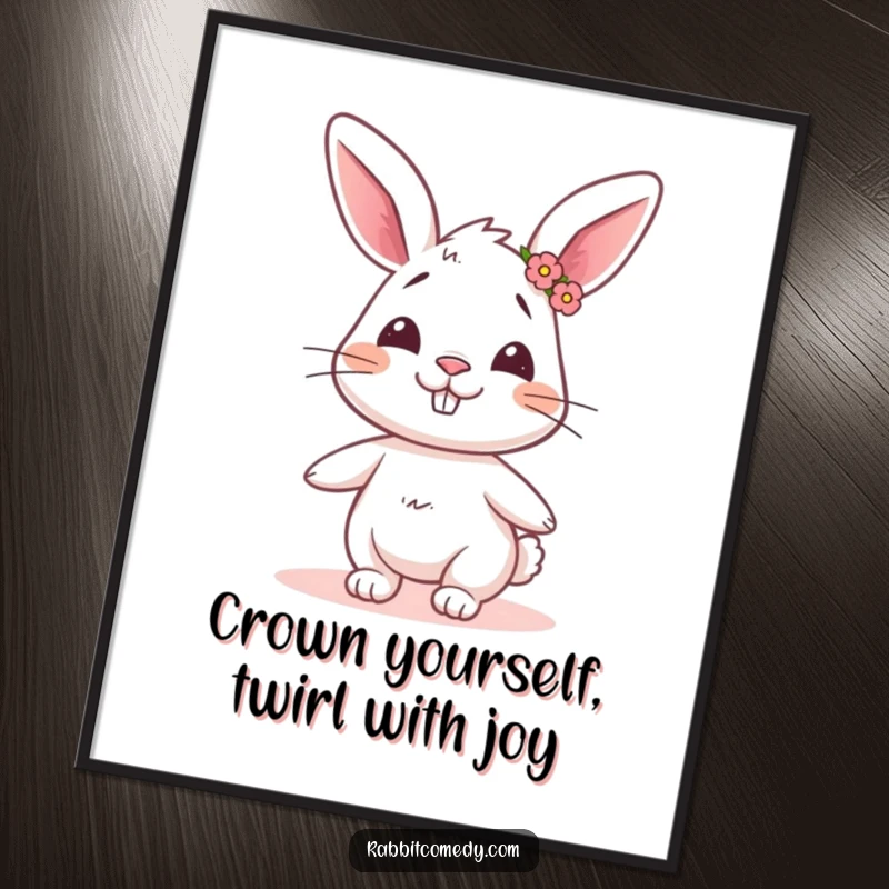Funny Free Printable Wall Art: A cartoon rabbit with a goofy grin, wearing a tiny flower crown and joyfully twirling.