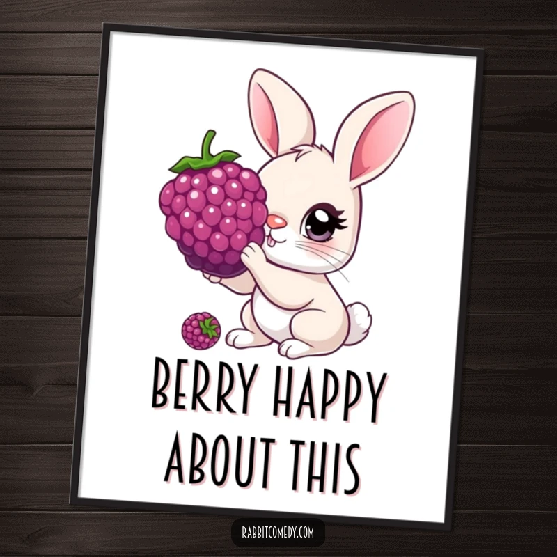 Funny free printable wall art of a rabbit with oversized, curious eyes happily nibbling on a giant berry.