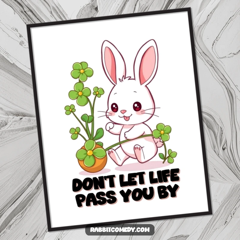 Funny Free Printable Wall Art: A cheerful rabbit bounds after a rolling clover, capturing a moment of pure joy.