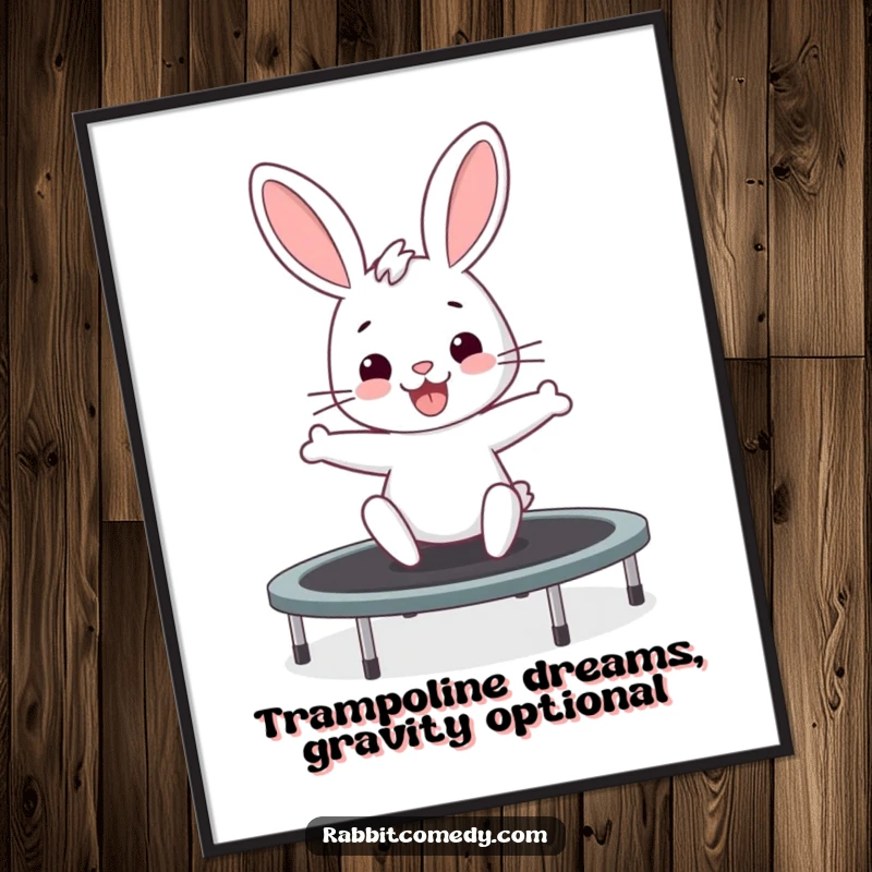 Funny Free Printable Wall Art: A joyful rabbit excitedly wiggling and bouncing high on a trampoline.