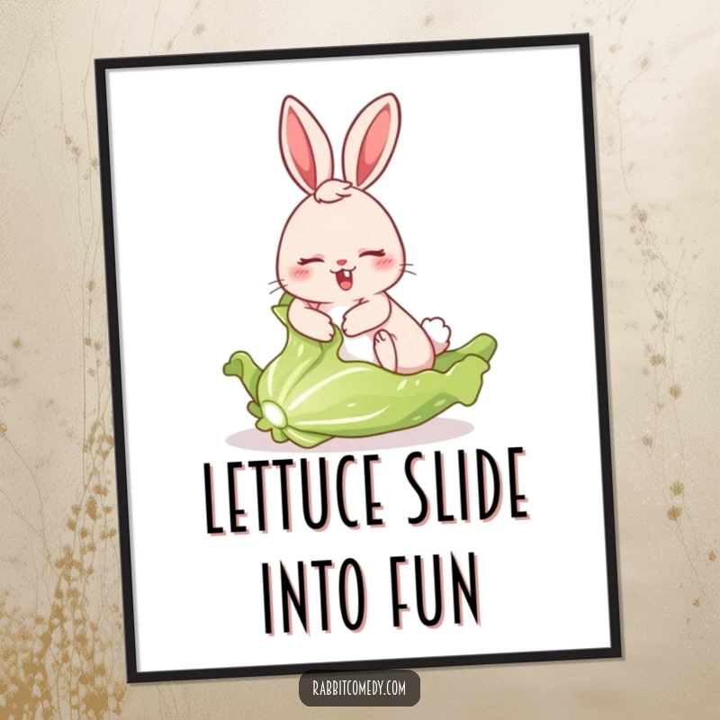 Free Printable Wall Art: A rabbit character is comically sliding on a freshly picked lettuce leaf with a look of surprised delight.