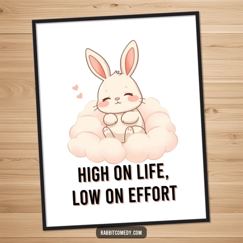 Funny Free Printable Wall Art: A content rabbit sighing peacefully, nestled amongst dreamlike fluffy clouds, evoking serenity.