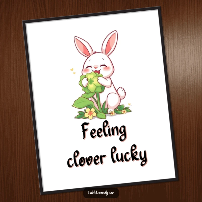 Funny Free Printable Wall Art: A whimsical rabbit character joyfully munching on a giant, luminous, glowing four-leaf clover.