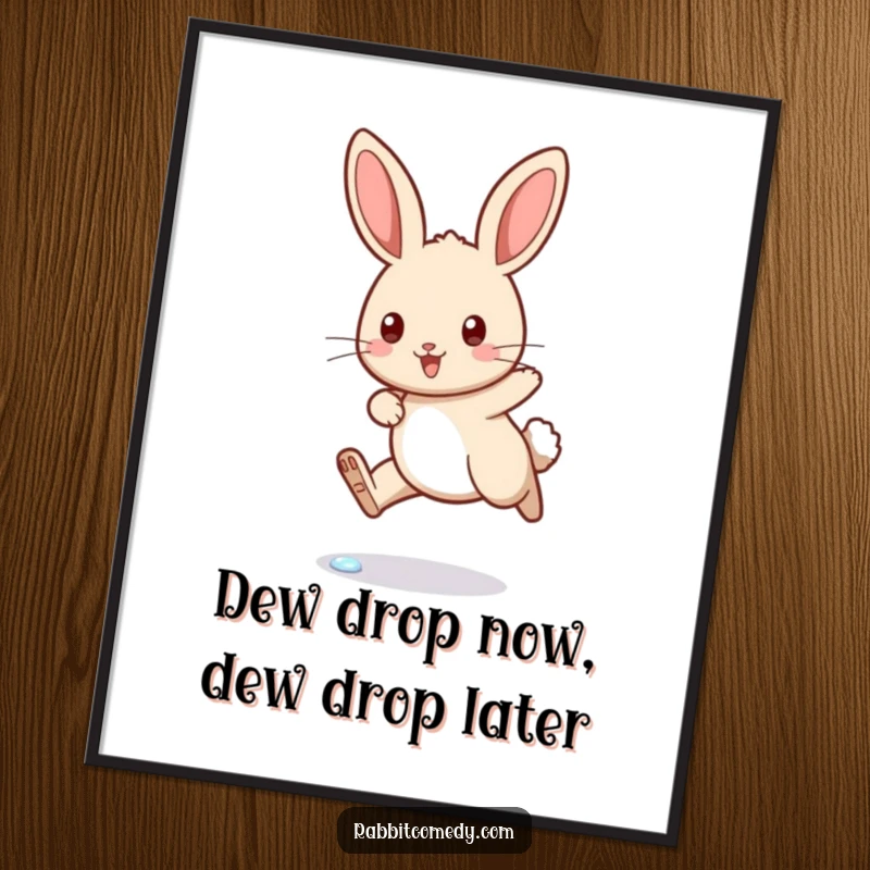 Funny Free Printable Wall Art: A whimsical rabbit in mid-hop over a tiny sparkling dewdrop, bringing playful energy.