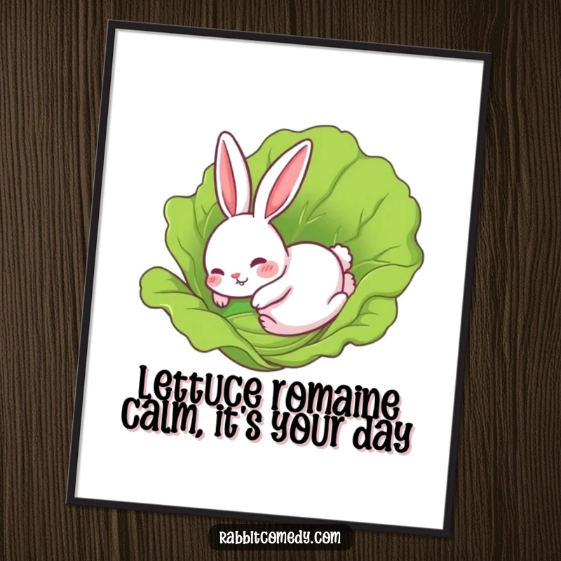 Funny Free Printable Wall Art: Rabbit comically sliding rapidly on a fresh lettuce leaf, playful DIY decor.