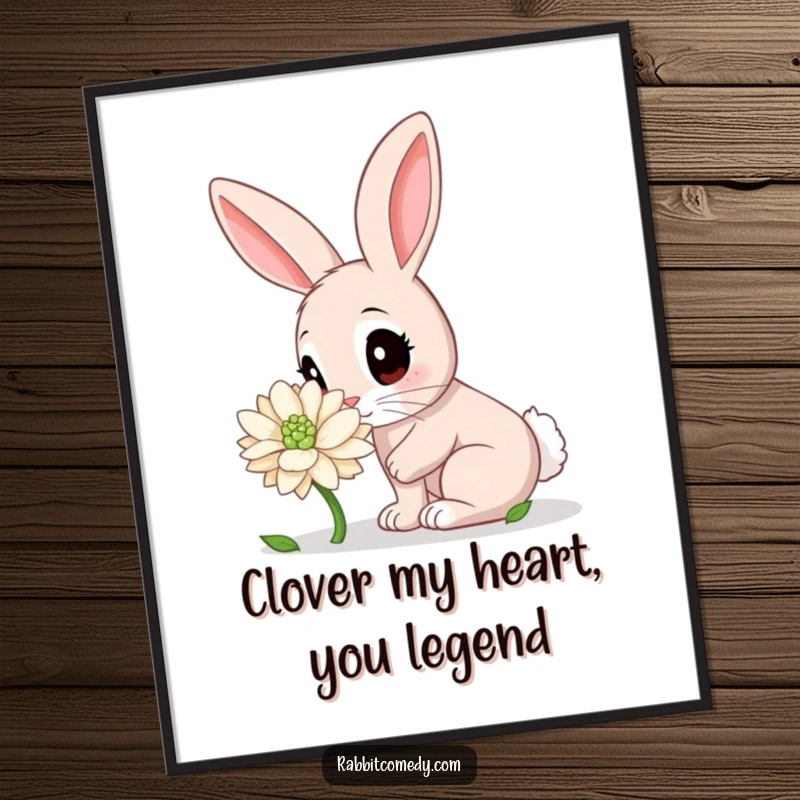 Funny Free Printable Wall Art: Wide-eyed rabbit curiously sniffing a giant, dew-kissed clover, whimsical DIY decor.