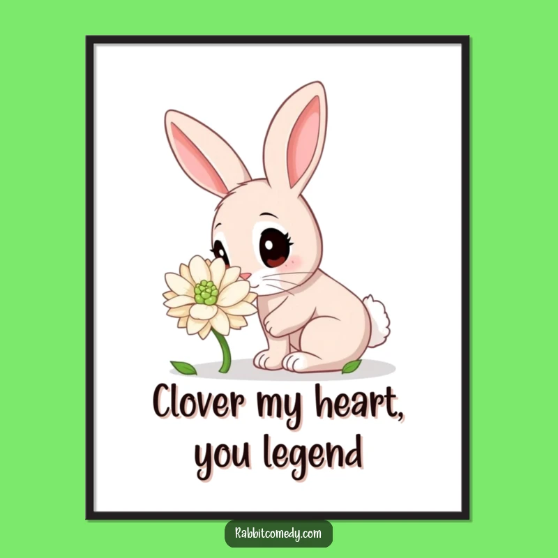 Free Printable Wall Art: Funny Rabbit Sniffing Clover, Cute Downloadable Art Gift