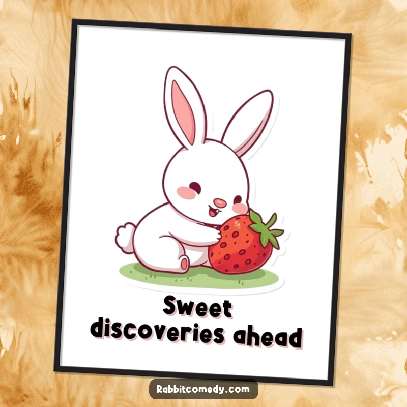 Free Printable Wall Art: A rabbit with a happy, twitching nose excitedly discovers a perfectly ripe, hidden strawberry.