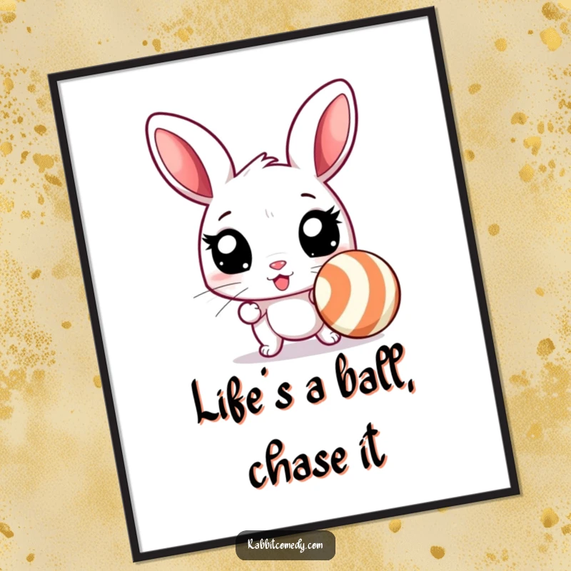 Funny Free Printable Wall Art: An excited rabbit with wide eyes ready to pounce on a bouncing, striped ball, full of playful energy.