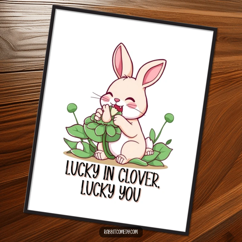 Funny Free Printable Wall Art: A rabbit joyfully nibbles a massive clover, radiating good vibes and humor.