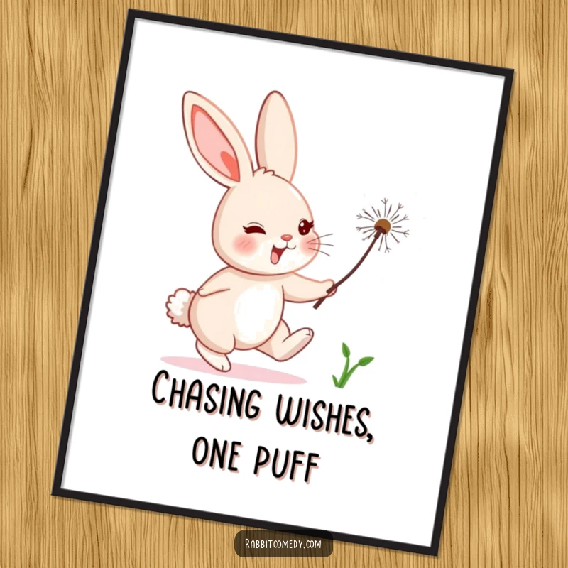 Funny free printable wall art of a rabbit character comically chasing a floating dandelion seed, capturing a moment of whimsical pursuit.