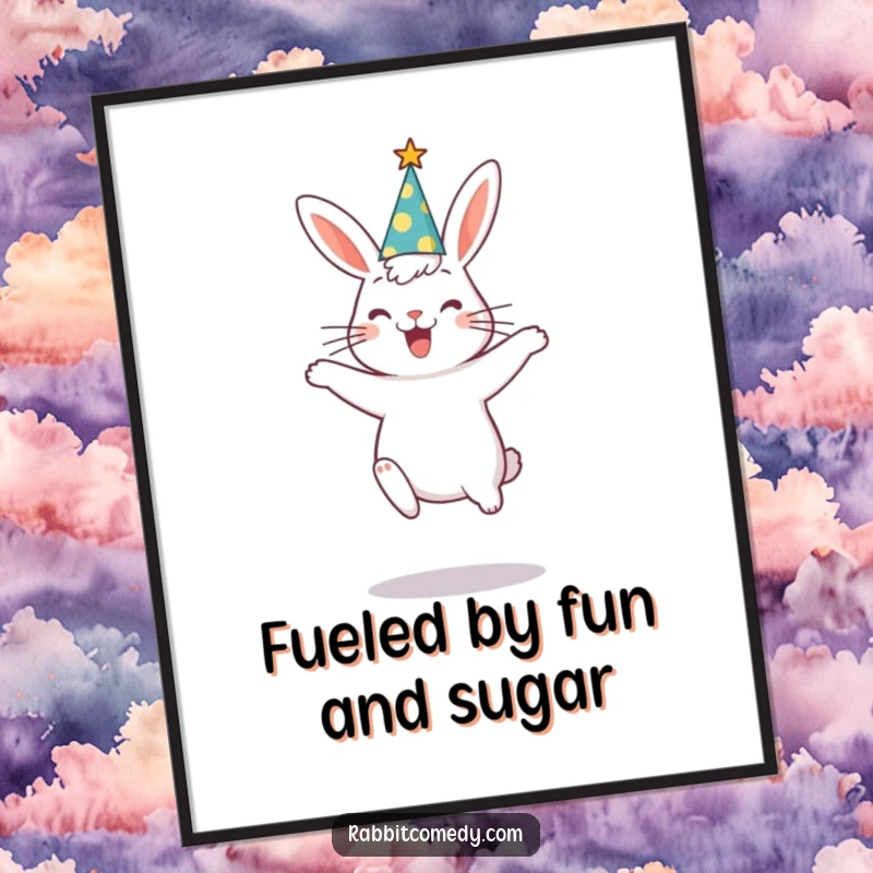 Funny free printable wall art of a rabbit wearing a party hat and doing a comical, silly jump, perfect for festive decor.