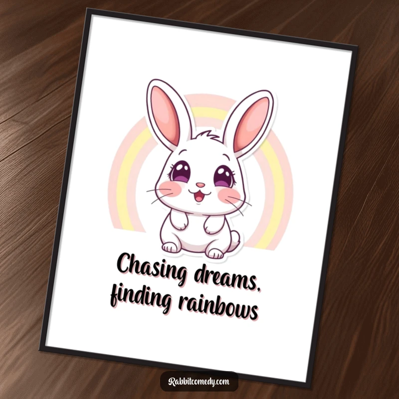Funny Free Printable Wall Art: A rabbit with incredibly wide eyes looks up in awe at a spectacular, vivid rainbow.