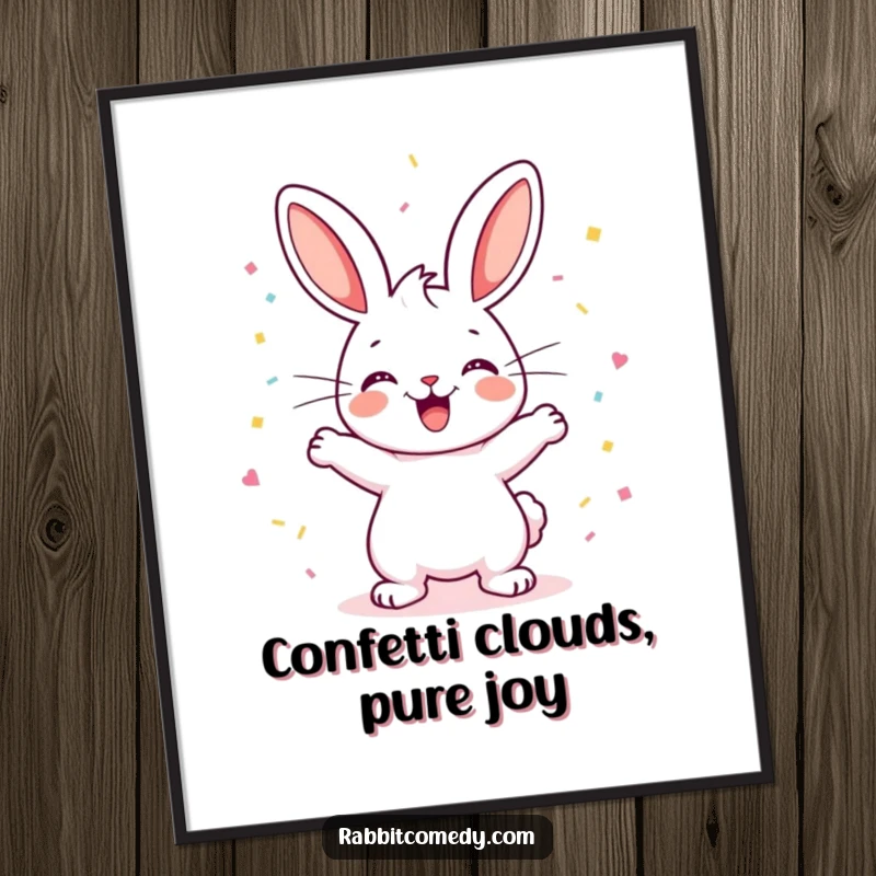 Funny Free Printable Wall Art: A happy rabbit character binkies with excitement, surrounded by a cloud of confetti, celebratory art.