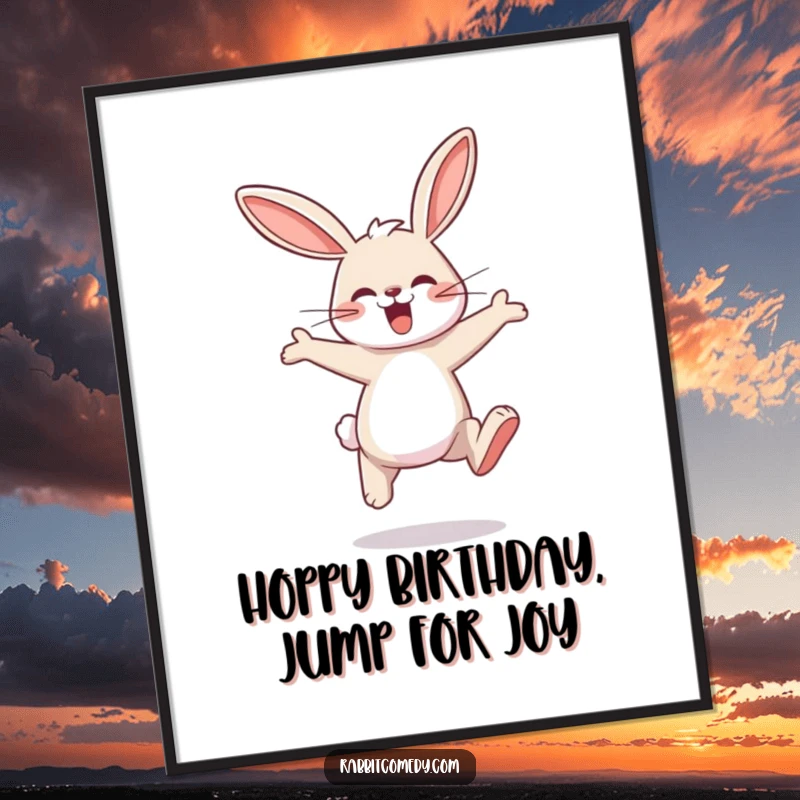 Funny free printable wall art showing a cheerful rabbit character joyfully hopping with extremely large and exaggerated, bouncy leaps.