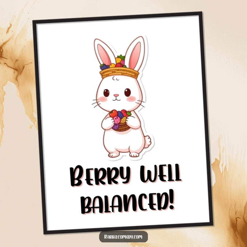 Funny Free Printable Wall Art: A cute rabbit character perfectly balancing a basket overflowing with colorful, fresh berries on its head.