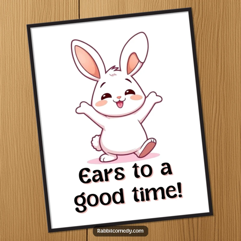 Funny Free Printable Wall Art depicting a happy rabbit in mid-wiggle dance, ears flopping with joy.