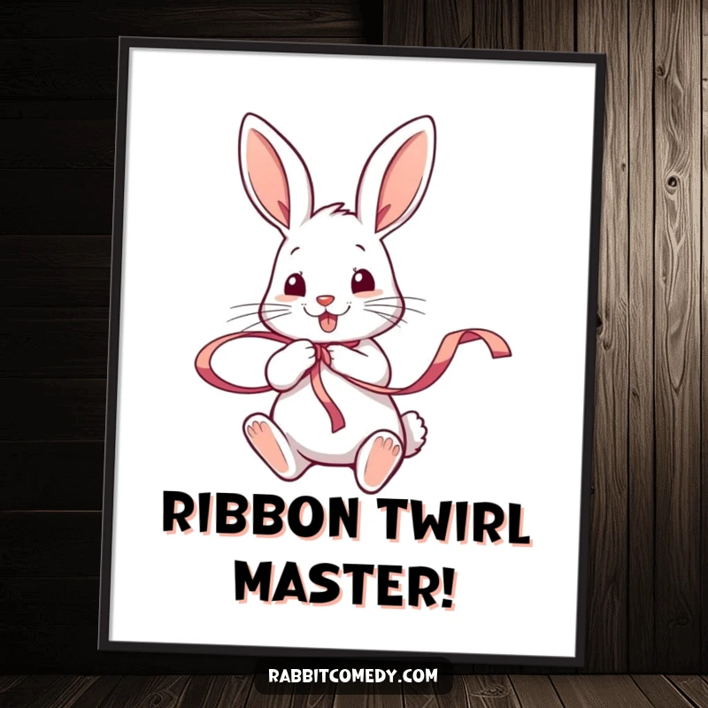 Funny Free Printable Wall Art: A happy rabbit character enthusiastically twirling a vibrant, colorful ribbon with its paws.