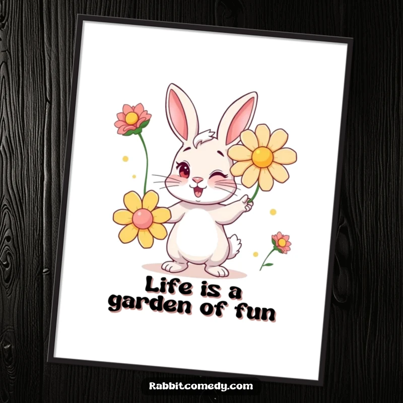 Funny Free Printable Wall Art: A mischievous rabbit with a knowing wink juggles a vibrant collection of oversized flowers.