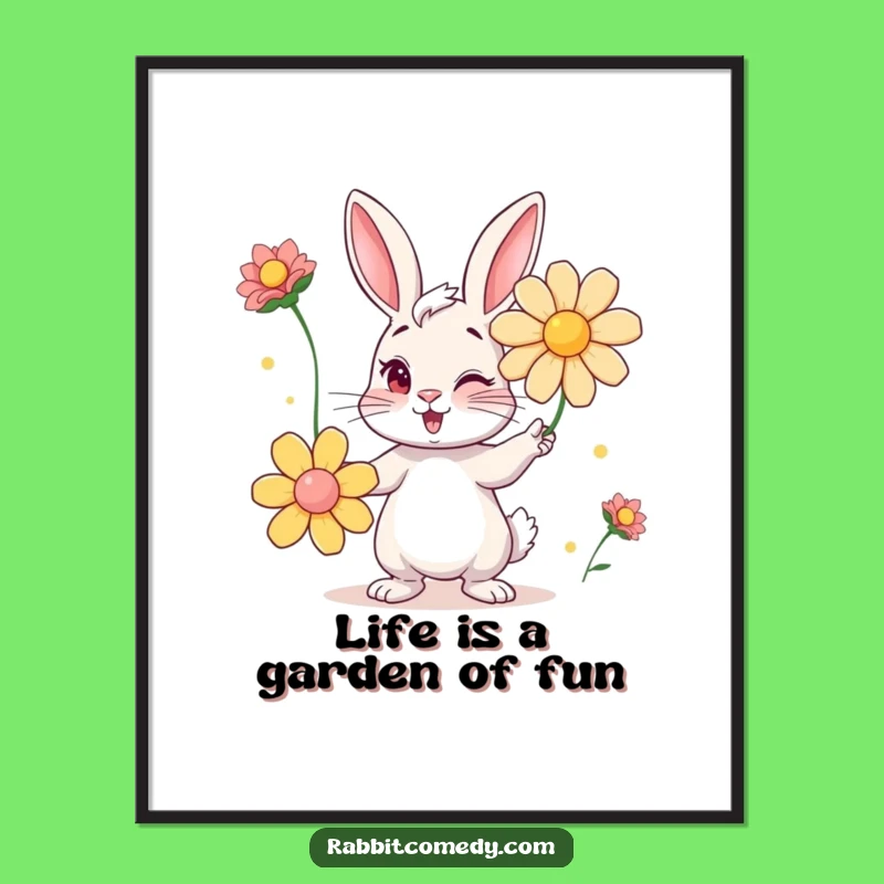 Funny Free Printable Wall Art: Winking Rabbit Flower Juggler Downloadable Decor