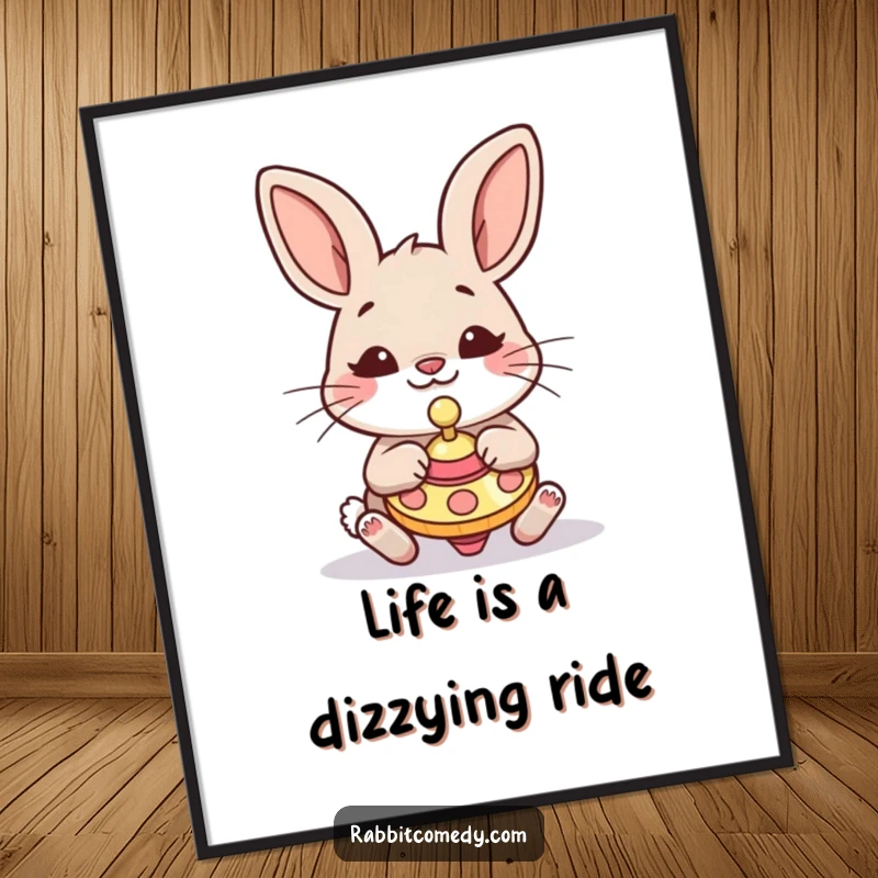 Funny Free Printable Wall Art: A rabbit with a wonderfully silly look plays with a vintage spinning top, adding quirky charm.