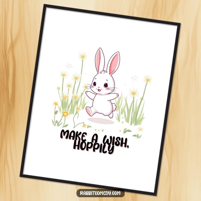 Funny Free Printable Wall Art: A playful rabbit character hopping joyfully through a field of giant, sparkling dandelions.