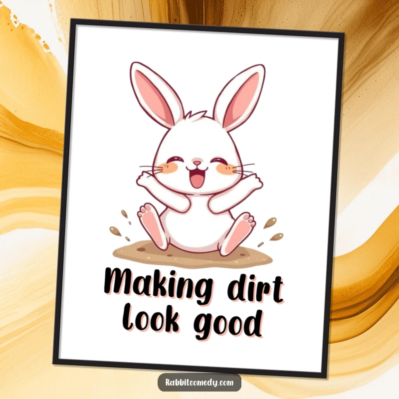 Funny free printable wall art of a rabbit character joyfully digging with hind legs kicking up dirt, a comical scene.