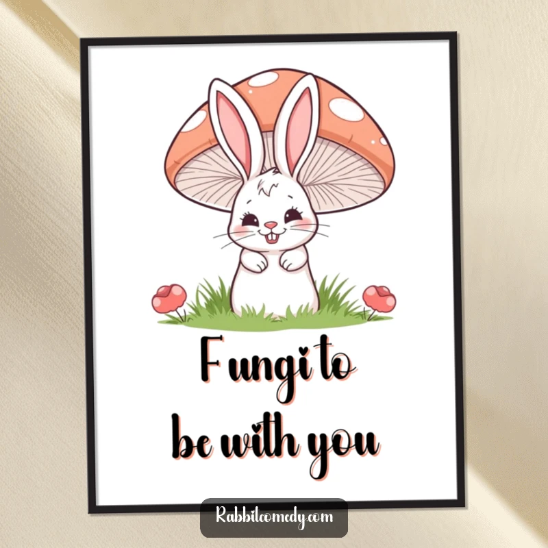Funny Free Printable Wall Art of a rabbit peeking from behind a large striped mushroom with a mischievous grin.