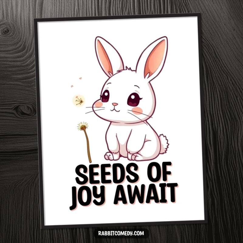 Free Printable Wall Art: A rabbit with wide, curious eyes watches a single dandelion seed float serenely through the air.