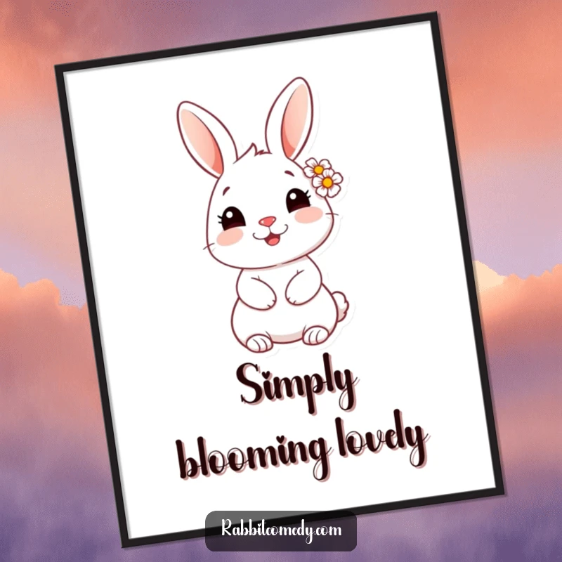 Free Printable Wall Art: A rabbit with a daisy behind its ear beams with a sweet, innocent smile.