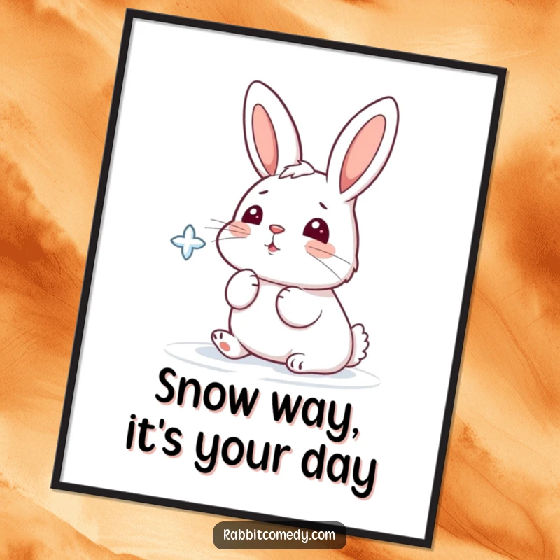 Funny Free Printable Wall Art of a rabbit playfully catching a falling snowflake with its nose.