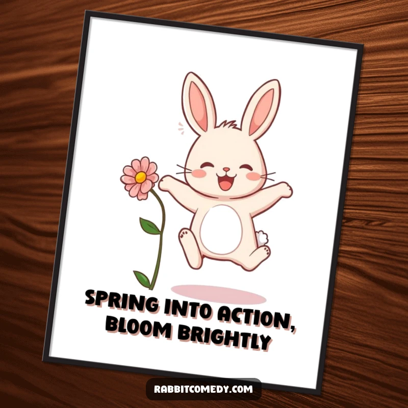 Funny Free Printable Wall Art: A cheerful rabbit captured mid-leap, holding a delicate flower, embodying pure joy.