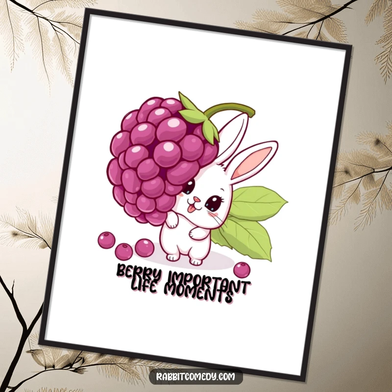 Funny free printable wall art: A surprised rabbit peeking from behind a wobbling giant berry.