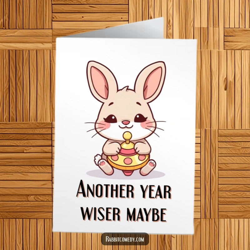 Funny Free Printable Birthday Card: A silly rabbit with a goofy face gleefully plays with a spinning top, spreading birthday cheer.