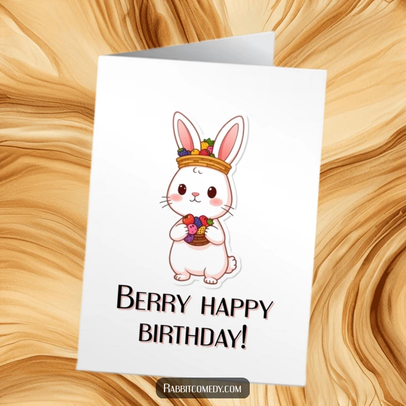 Funny Free Printable Birthday Card: A cute rabbit character balancing a basket full of colorful berries on its head.