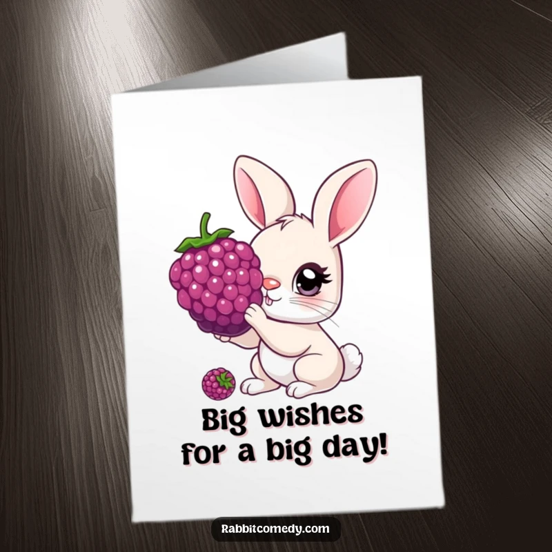 Funny free printable birthday card of a rabbit with huge curious eyes nibbling a giant, delicious berry.