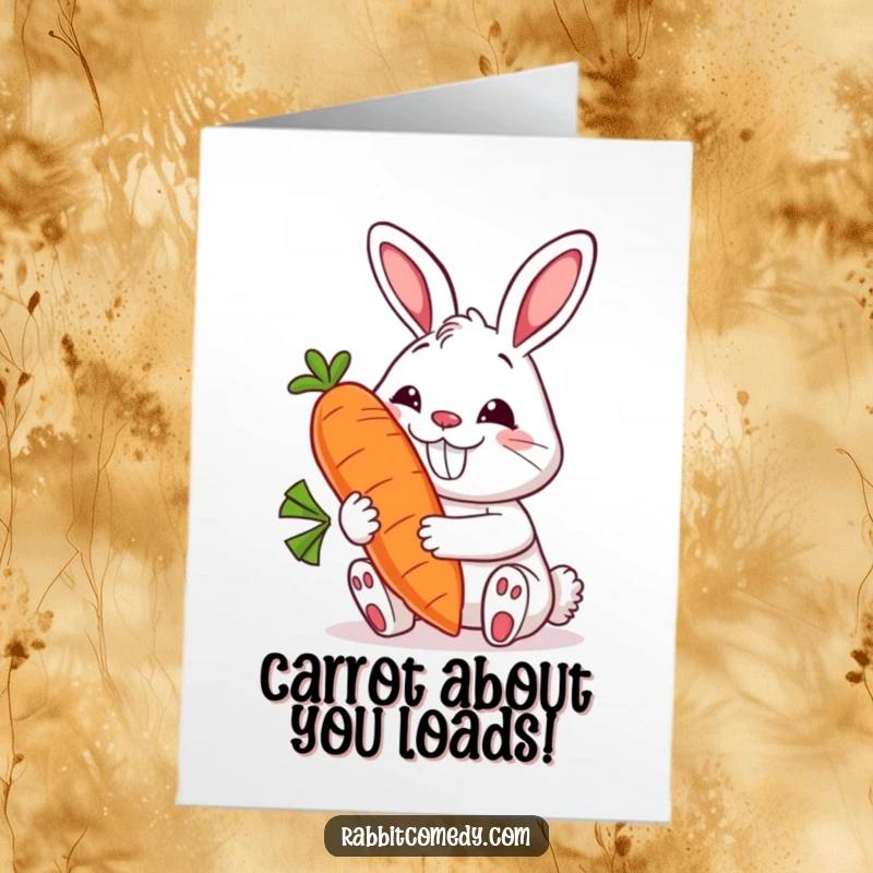 Funny Free Printable Birthday Card: A rabbit character beams with a wide grin, proudly holding a giant, smiling carrot.