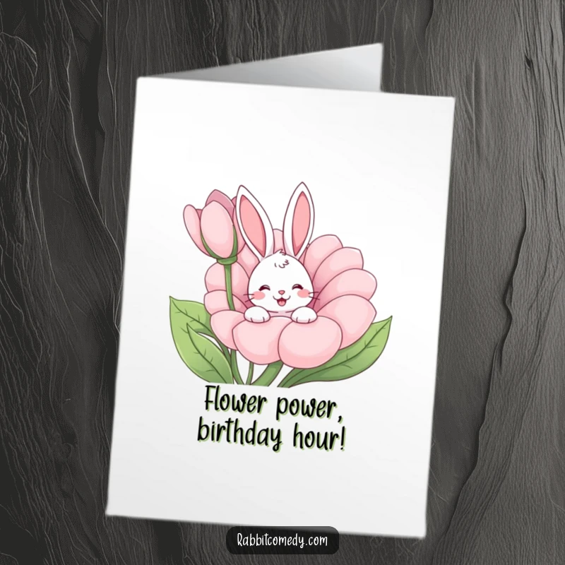 Funny Free Printable Birthday Card featuring a happy rabbit wiggling out of a huge flower, ready to deliver birthday cheer.
