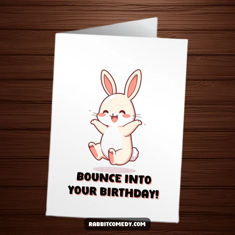 Funny Free Printable Birthday Card: A rabbit performs a joyful somersault, tail bouncing with birthday glee. Pure happiness.