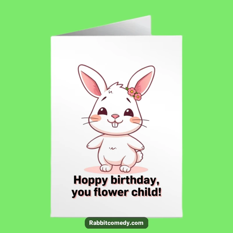 Free Printable Birthday Card: Cheerful Rabbit Flower Crown, Whimsical Downloadable Greeting