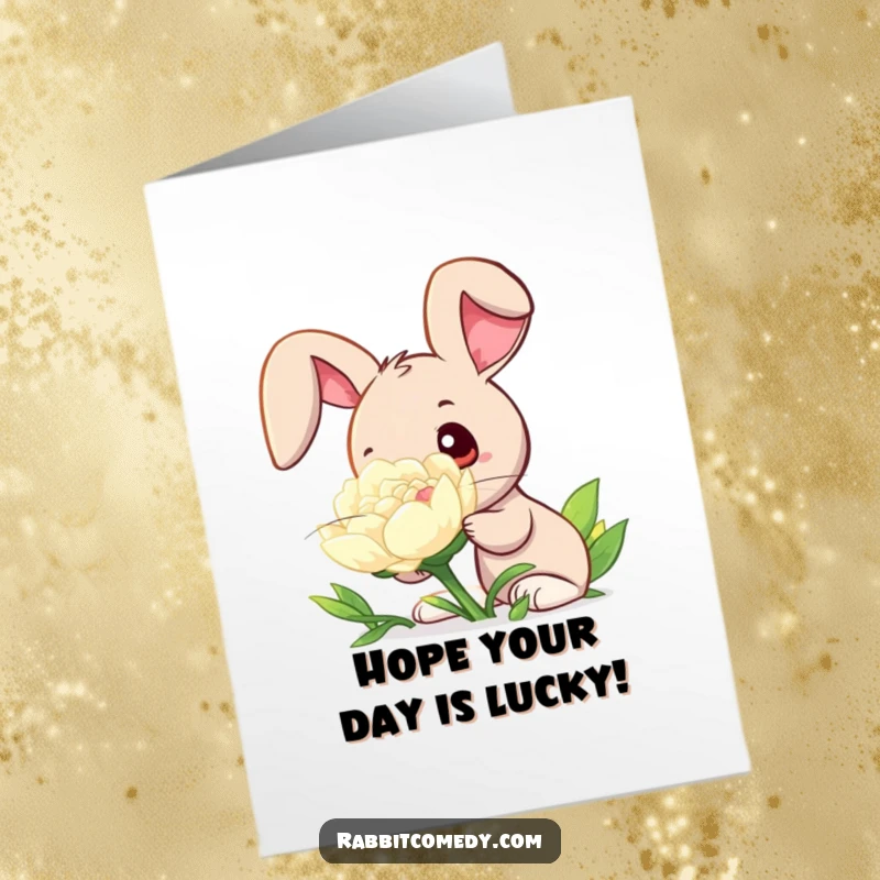Free Printable Birthday Card: A curious rabbit character is sniffing a giant, dew-kissed clover with wide eyes, looking delighted.
