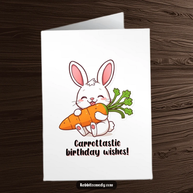 Funny Free Printable Birthday Card: A cheerful rabbit with a huge grin enthusiastically eats a giant carrot.